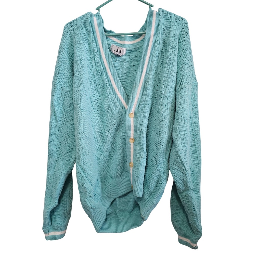 Jed Vintage Turquoise Blue Varsity Stripe Pointelle Knit Cardigan Sweater Mens M